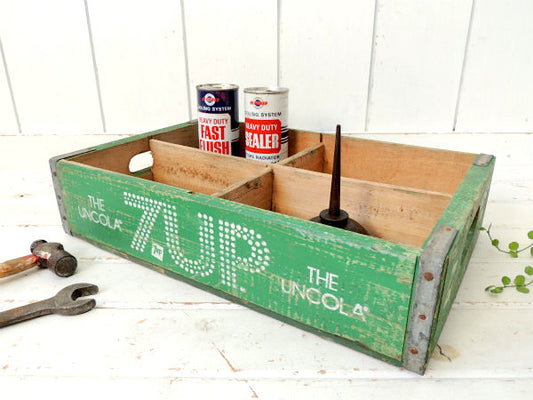 【7up】セブンアップ・ドリンク・緑色・仕切り付き・70'ヴィンテージ・木箱/ウッドボックス USA