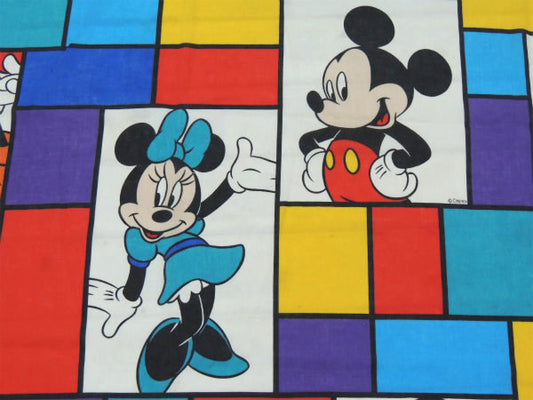 【ミッキー&フレンズ】ディズニー・カラフル・パネル柄・ヴィンテージ・ユーズドシーツ(フラットタイプ)