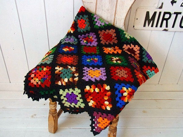 ハンドメイド・モチーフ編み・アンティーク・グラニーブランケット/ニットブランケット　USA