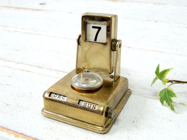 ゴールドトーン・温度計付き・回転式・卓上・アンティーク・デスクカレンダー・店内装飾