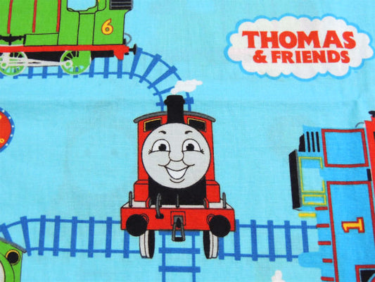 機関車トーマスとなかまたち パーシー&ジェームス・水色・線路柄・USED・ピロケース・枕カバー