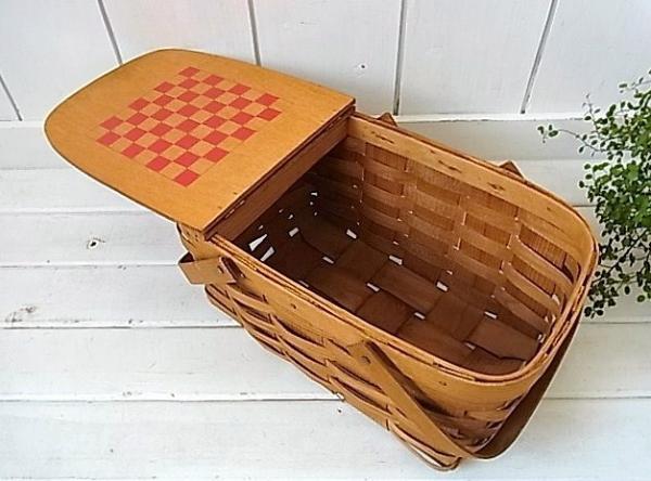 木製　チェス盤付き・アンティーク・ピクニックバスケット　USA