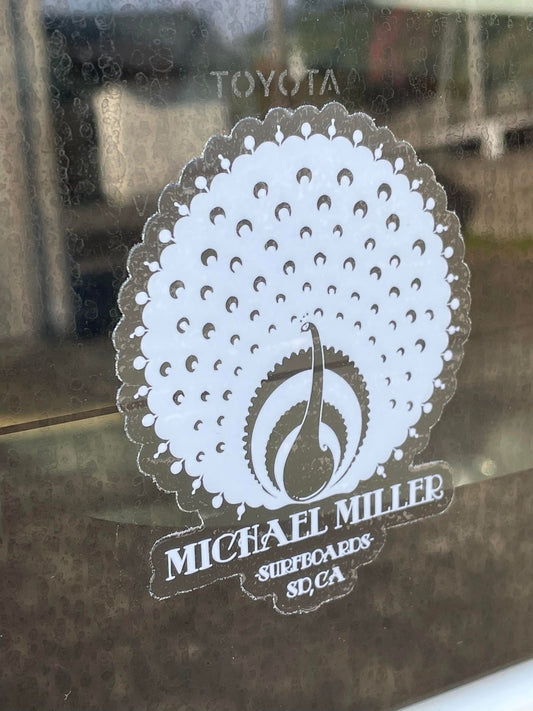 MICHAEL MILLER SURFBOADS マイケルミラー・サーフボード　オリジナル　ステッカー　ホワイト 孔雀 カリフォルニア  サン・ディエゴ