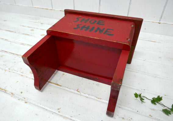 1960's SHOE SHINE 木製 脚付き 赤色 ヴィンテージ シューシャインボックス シューケア 靴磨き道具入れ ブラシ付き USA