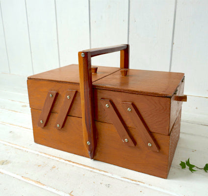 USA レトロ 木製 2段式 両開きタイプ アンティーク ソーイングボックス 裁縫箱