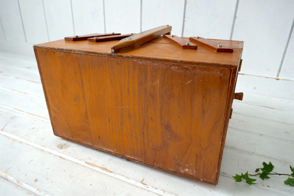 USA レトロ 木製 ２段式 両開きタイプ アンティーク ソーイングボックス 裁縫箱