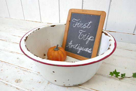 ホワイト&レッド 琺瑯製 シャビー アンティーク ホーロータブ ウォッシュタブ タライ USA