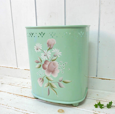 DETECTO ミントグリーン 花柄 ハンドペイント 50's ヴィンテージ ハンパー ランドリーバスケット カゴ ゴミ箱 ダストボックス