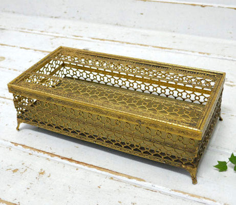 フラワーモチーフ ゴールドトーン 透かしデザイン 脚付き ヴィンテージ ティッシュケース エレガント USA ティッシュボックス