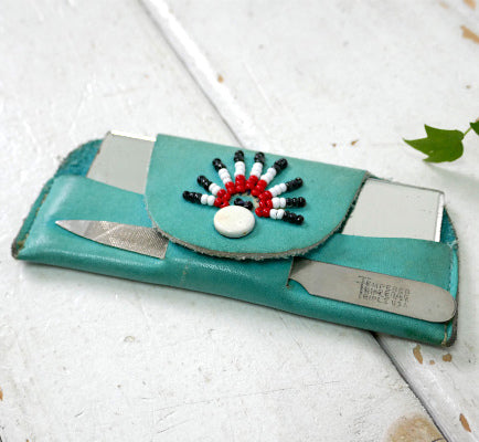 ターコイズブルー ネイティブアメリカン インディアン レザーケース入り ヴィンテージ ハンドミラー 手鏡 爪やすり USA