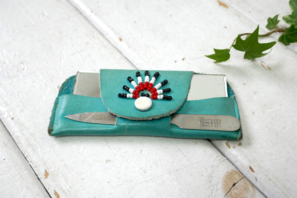 ターコイズブルー ネイティブアメリカン インディアン レザーケース入り ヴィンテージ ハンドミラー 手鏡  爪やすり USA