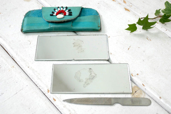 ターコイズブルー ネイティブアメリカン インディアン レザーケース入り ヴィンテージ ハンドミラー 手鏡  爪やすり USA