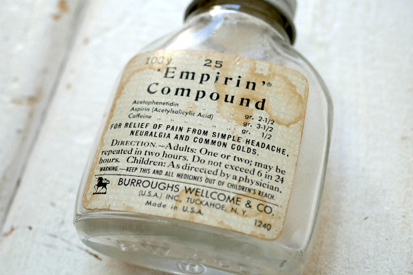 Empirin Compound ヴィンテージ エンボス OLD ガラス容器　薬瓶 MADE IN U.S.A. 薬局