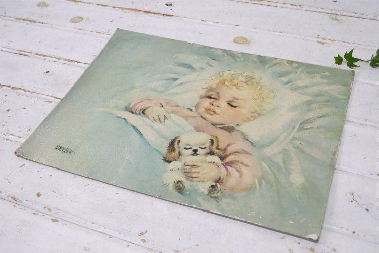 Florence Kroger リトグラフ Sweet Dreamer 赤ちゃんと子犬 50's ヴィンテージ アートプリント アートワーク 壁飾り USA