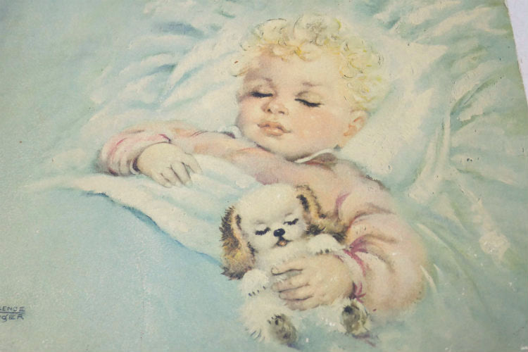 Florence Kroger リトグラフ Sweet Dreamer 赤ちゃんと子犬 50's ヴィンテージ アートプリント アートワーク 壁飾り USA