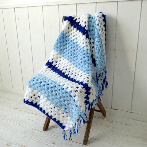 ブルー系 ボーダー柄 手編みニット フリンジ付き マント ヴィンテージ ブランケット ひざ掛け キャンプ アウトドア USA