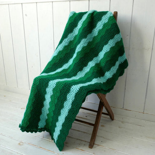 レトロ グリーン ボーダー 手編みニット フリル ヴィンテージ ブランケット ひざ掛け ハンドメイド 大判 USA
