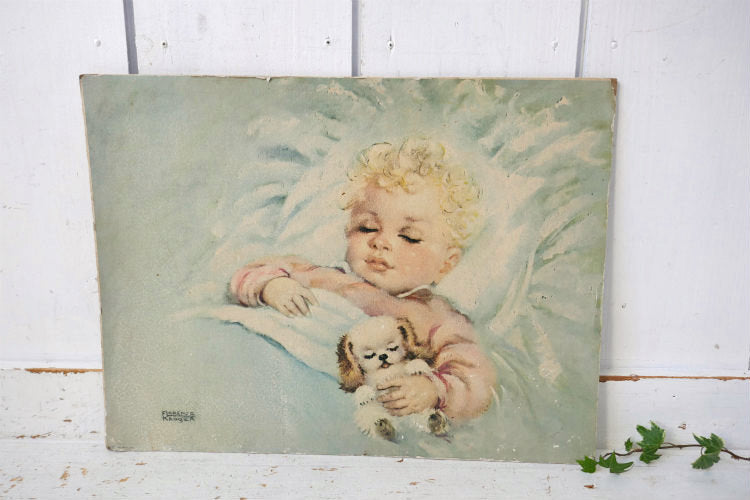 Florence Kroger リトグラフ Sweet Dreamer 赤ちゃんと子犬 50's ヴィンテージ アートプリント アートワーク 壁飾り USA