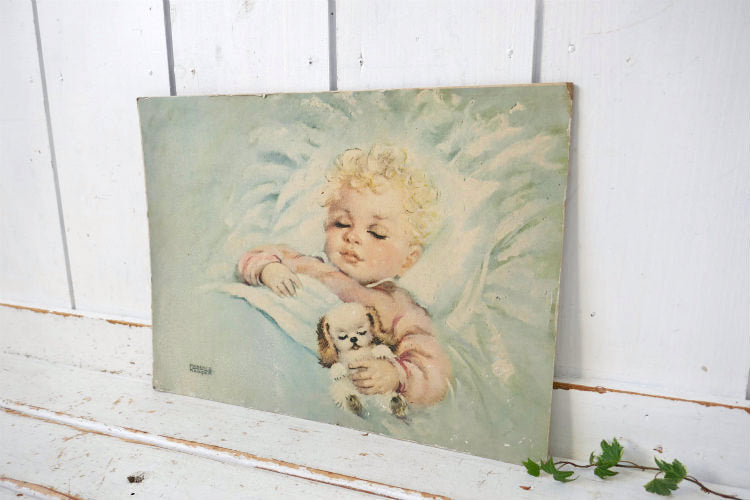 Florence Kroger リトグラフ Sweet Dreamer 赤ちゃんと子犬 50's ヴィンテージ アートプリント アートワーク 壁飾り USA
