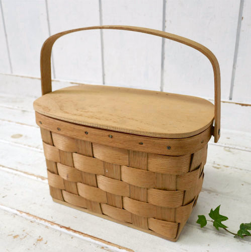 USA 木製 ヴィンテージ バスケット カゴバッグ ウッドバスケット ハンドバッグ ピクニック キャンプ 裁縫箱