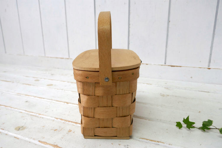 USA 木製 ヴィンテージ バスケット カゴバッグ ウッドバスケット ハンドバッグ ピクニック キャンプ 裁縫箱