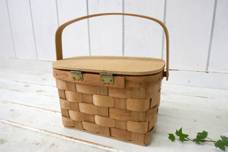 USA 木製 ヴィンテージ バスケット カゴバッグ ウッドバスケット ハンドバッグ ピクニック キャンプ 裁縫箱