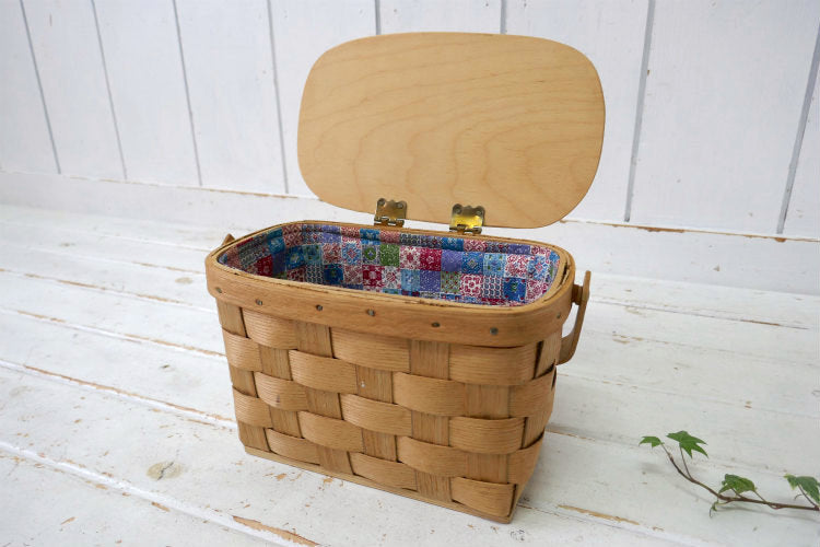 USA 木製 ヴィンテージ バスケット カゴバッグ ウッドバスケット ハンドバッグ ピクニック キャンプ 裁縫箱