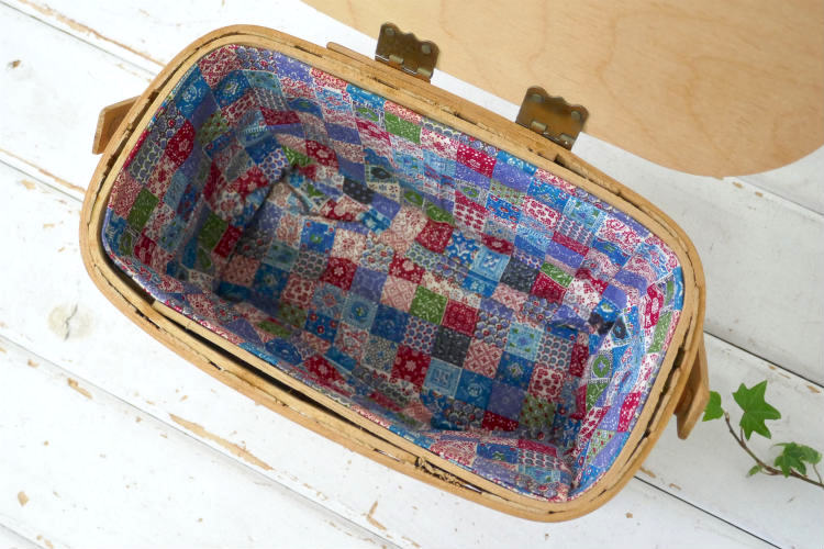 USA 木製 ヴィンテージ バスケット カゴバッグ ウッドバスケット ハンドバッグ ピクニック キャンプ 裁縫箱