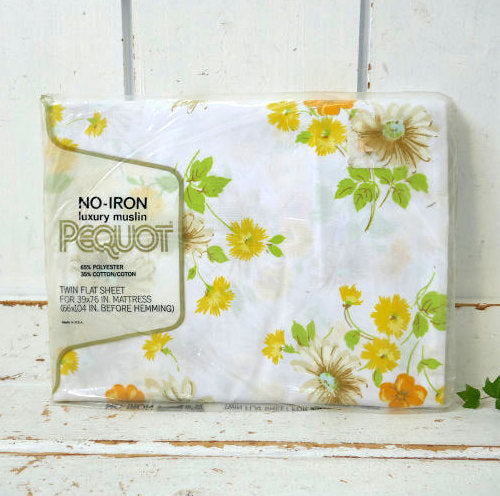 PEQUOT レトロ 花柄 70's デッドストック ヴィンテージ フラットシーツ ベッドシーツ 生地 USA