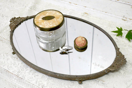 クラシカル フラワーモチーフ オーバル型 アンティーク ミラートレイ 鏡 ジュエリートレイ USA